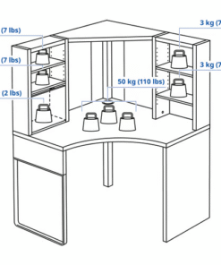 Weight capacity illustration for IKEA MICKE corner workstation – maximum load per shelf and desktop area