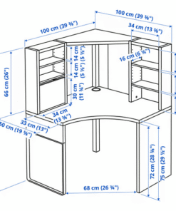 Detailed dimensions for IKEA MICKE corner workstation in white – height, width, and depth in centimeters