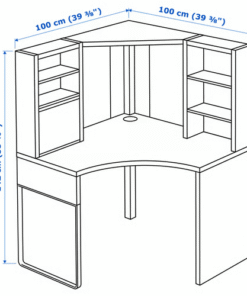 Simplified line drawing of IKEA MICKE corner desk – corner-friendly design with integrated shelves