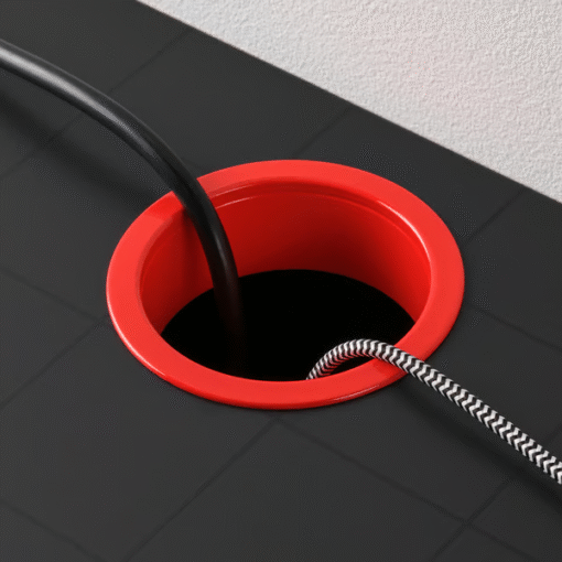 Red cable management grommet on IKEA MICKE desk