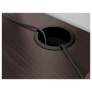 Desk cable outlet detail on MICKE black-brown desk
