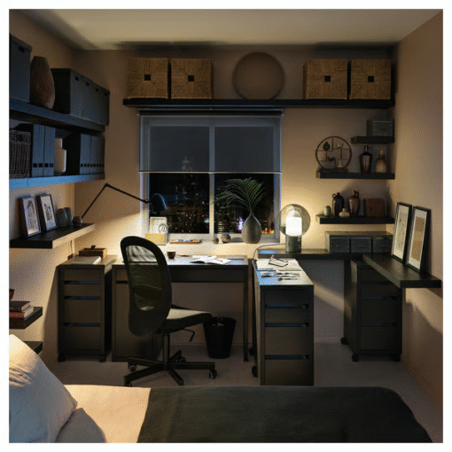 Black-brown desk setup in a cozy bedroom office with shelving and lighting