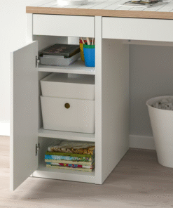 Internal shelves and drawer of IKEA MICKE white desk for smart storage