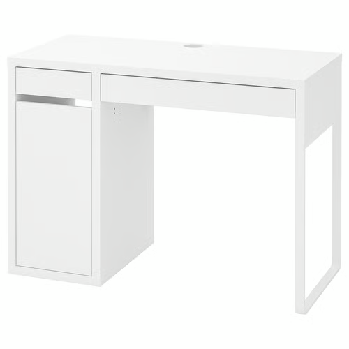 modern white desk with drawer and cable outlet for small spaces