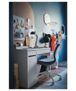 Compact white desk with drawer, cable outlet, and chair in a modern kids’ room – MICKE desk style