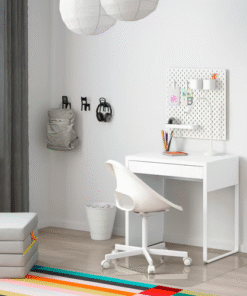 white MICKE desk in kids room with pegboard and swivel chair