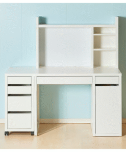 White desk with shelving and drawer units on both sides – full setup