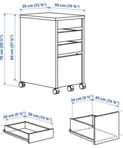 Technical drawing with measurements of MICKE drawer unit in centimeters and inches