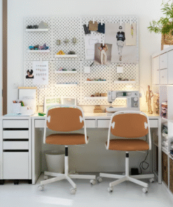 Two-seater workspace with MICKE drawer unit and pegboard wall setup