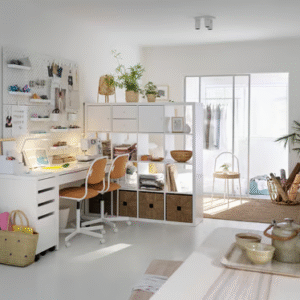 MICKE drawer unit in a Scandinavian-style home office with shelving and storage