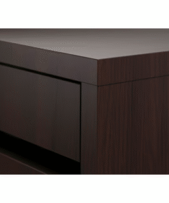 Close-up of MICKE black-brown desk surface and drawer detail