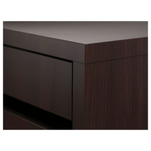 Close-up of MICKE black-brown desk surface and drawer detail